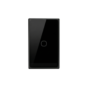 Black rectangular touchscreen device with a glossy screen and a small rounded square button in the center.