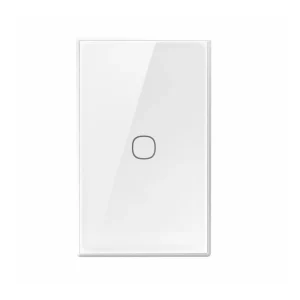 White single-gang wall switch with a round push button centered on a glossy white plate