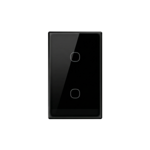 Black rectangular wall plate with a glossy glass surface and two touch-sensitive circular buttons vertically arranged within the frame.