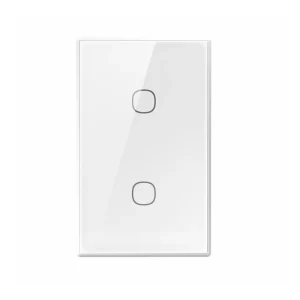 White wall plate with two vertically arranged, rounded-switch buttons (double light switch)