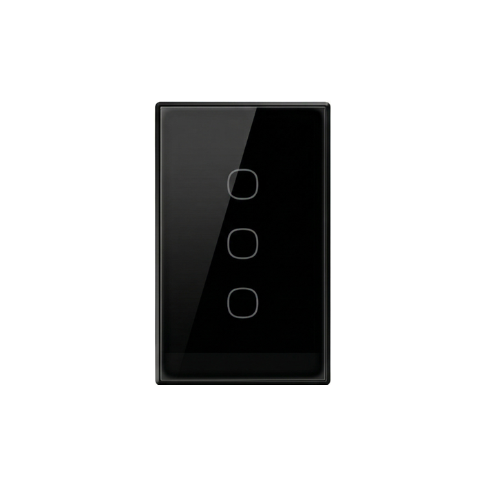 T6US3C - Techspertz.co.za Black three-gang touch light switch panel with three circular buttons on a rectangular plate. An electronics plate on a white background, glossy finish.
