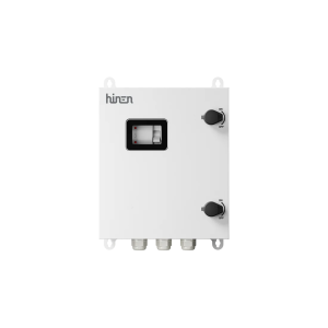 White electrical control box with two black joystick-style knobs on the right, a small window showing internal switch, and 'hinen' logo on top left.