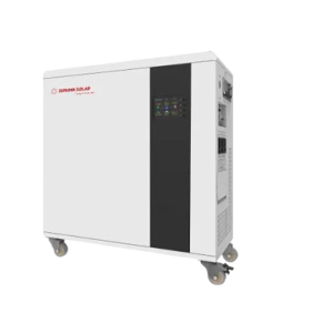 White industrial solar inverter on caster wheels with a dark gray side panel and a small control/display area on the right edge.
