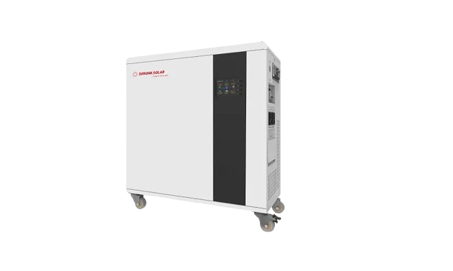 Sunova-eFox-H-35E - Techspertz.co.za White industrial solar inverter on caster wheels with a dark gray side panel and a small control/display area on the right edge.