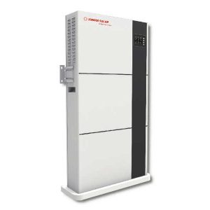 Sunown Solar inverter cabinet with three white panels and a black right-side control panel, mounted on a stand.
